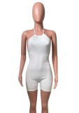 Women Summer White Sexy Halter Sleeveless Solid Above Knee Regular Ribbed Rompers