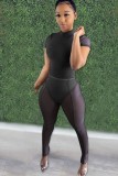 Women Summer Black Sexy Turtleneck Short Sleeves High Waist Solid Skinny Two Piece Pants Set