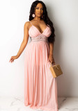 Women Summer Pink Modest Strap Sleeveless Patchwork Lace Maxi Dress