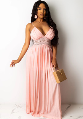 Women Summer Pink Modest Strap Sleeveless Patchwork Lace Maxi Dress