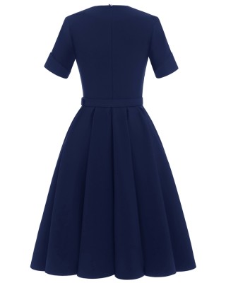 Women Summer Blue Modest Square Collar Short Sleeves Solid Belted Mini Skater Dress