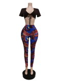 Women Summer Brown Modest V-neck Short Sleeves High Waist Printed Bow Skinny Two Piece Pants Set