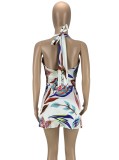 Women Summer Printed Modest V-neck Sleeveless Printed Mini A-line Tank Dress