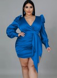 Women Spring Blue Modest V-neck Full Sleeves Solid Belted Midi Pencil Plus Size Long Dress