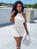 Women Summer White Sexy Halter Sleeveless Solid Above Knee Regular Ribbed Rompers