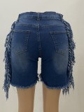 Women Summer Blue Straight High Waist Zipper Fly Solid Fringed Regular Board Shorts