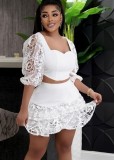Women Summer White Sweet Square Collar Half Sleeves High Waist Patchwork Lace Regular MiniTwo Piece Skirt Set