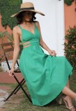 Women Summer Green Sexy V-neck Sleeveless Solid Hollow Out A-line Midi Dress