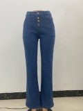Women Spring Blue FLARE PANTS High Waist Button Fly Solid Pockets Full Length Regular Jeans Pants