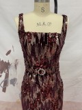 Women Summer Burgunry Modest Sleeveless Metallic Sequined Pencil Midi Dress