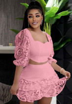 Women Summer Pink Sweet Square Collar Half Sleeves High Waist Patchwork Lace Regular MiniTwo Piece Skirt Set