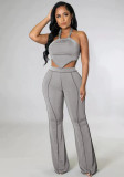 Women Summer Grey Sexy Halter Sleeveless High Waist Solid Regular Two Piece Pants Set