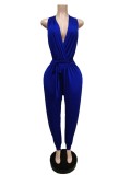 Women Summer Blue Casual Halter Sleeveless Solid Ripped Full Length Regular Backless Jumpsuit
