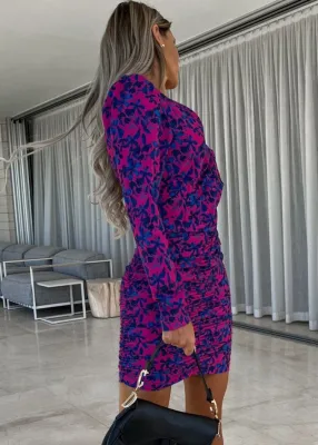 Women Summer Purple Casual V-neck Full Sleeves Floral Print Mini Bodycon Dress