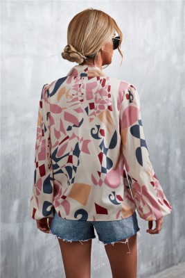 Women Spring Pink Modest V-neck Lantern Sleeve Geometric Print Chiffon Bow Regular Blouse