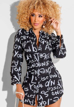Women Spring Black Modest Turn-down Collar Full Sleeves Letter Print Long Shirt