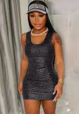 Women Summer Black Casual Strap Sleeveless Solid Sequined Mini Pencil Tank Dress