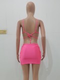 Women Pink Strap Solid Lace Up Three Piece Swimwear