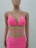 Women Pink Strap Solid Lace Up Three Piece Swimwear