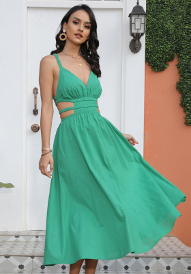 Women Summer Green Sexy V-neck Sleeveless Solid Hollow Out A-line Midi Dress