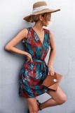 Women Summer Printed Casual V-neck Sleeveless Printed Belted Mini A-line Holiday Dress