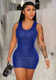 Women Summer Blue Casual Strap Sleeveless Solid Sequined Mini Pencil Tank Dress