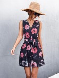 Women Summer Printed Casual V-neck Sleeveless Floral Print Belted Mini A-line Holiday Dress