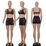 Women Summer Black Sexy V-neck Sleeveless High Waist Patchwork Regular Two Piece Shorts Set