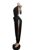 Women Summer Black Casual Halter Sleeveless Solid Ripped Full Length Regular Backless Jumpsuit
