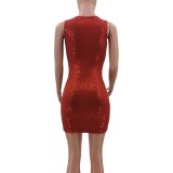 Women Summer Red Casual Strap Sleeveless Solid Sequined Mini Pencil Tank Dress