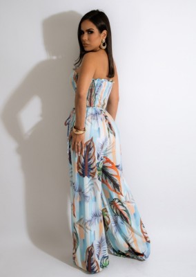Women Summer Printed Casual Strapless Sleeveless Floral Print Belted Full Length Loose Jumpsuit
