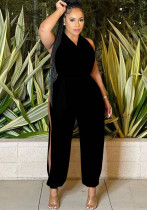 Women Summer Black Casual Halter Sleeveless Solid Ripped Full Length Regular Backless Jumpsuit