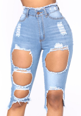 Women Summer Blue Straight High Waist Zipper Fly Solid Hollow Out Knee Length Regular Jeans Shorts