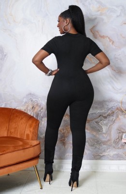 Women Summer Black Casual O-Neck Short Sleeves Striped Print Full Length Skinny Jumpsuit