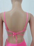 Women Pink Strap Solid Lace Up Three Piece Swimwear