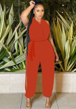 Women Summer Red Casual Halter Sleeveless Solid Ripped Full Length Regular Backless Jumpsuit