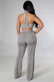 Women Summer Grey Sexy Halter Sleeveless High Waist Solid Regular Two Piece Pants Set