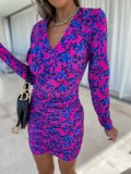 Women Summer Purple Casual V-neck Full Sleeves Floral Print Mini Bodycon Dress