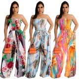Women Summer Printed Casual Strapless Sleeveless Floral Print Belted Full Length Loose Jumpsuit