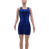 Women Summer Blue Casual Strap Sleeveless Solid Sequined Mini Pencil Tank Dress
