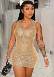 Women Summer Gold Casual Strap Sleeveless Solid Sequined Mini Pencil Tank Dress