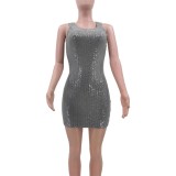 Women Summer Grey Casual Strap Sleeveless Solid Sequined Mini Pencil Tank Dress