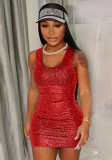 Women Summer Red Casual Strap Sleeveless Solid Sequined Mini Pencil Tank Dress