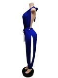 Women Summer Blue Casual Halter Sleeveless Solid Ripped Full Length Regular Backless Jumpsuit