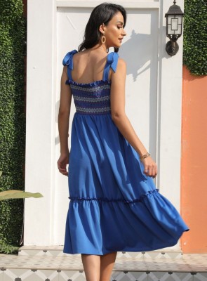 Women Summer Blue Romantic Sleeveless Color Blocking Cascading Ruffle Fit and Flare Midi Dress