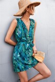 Women Summer Green Casual V-neck Sleeveless Printed Belted Mini A-line Holiday Dress