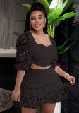 Women Summer Black Sweet Square Collar Half Sleeves High Waist Patchwork Lace Regular MiniTwo Piece Skirt Set