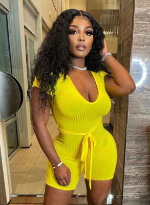 Women Summer Yellow Sporty V-neck Short Sleeves Solid Belted Above Knee Regular Rompers