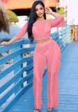 Women Summer Pink Modest O-Neck Three Quarter Sleeves High Waist Patchwork Cascading Ruffle Regular Two Piece Pants Set