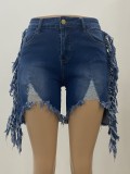 Women Summer Blue Straight High Waist Zipper Fly Solid Fringed Regular Board Shorts